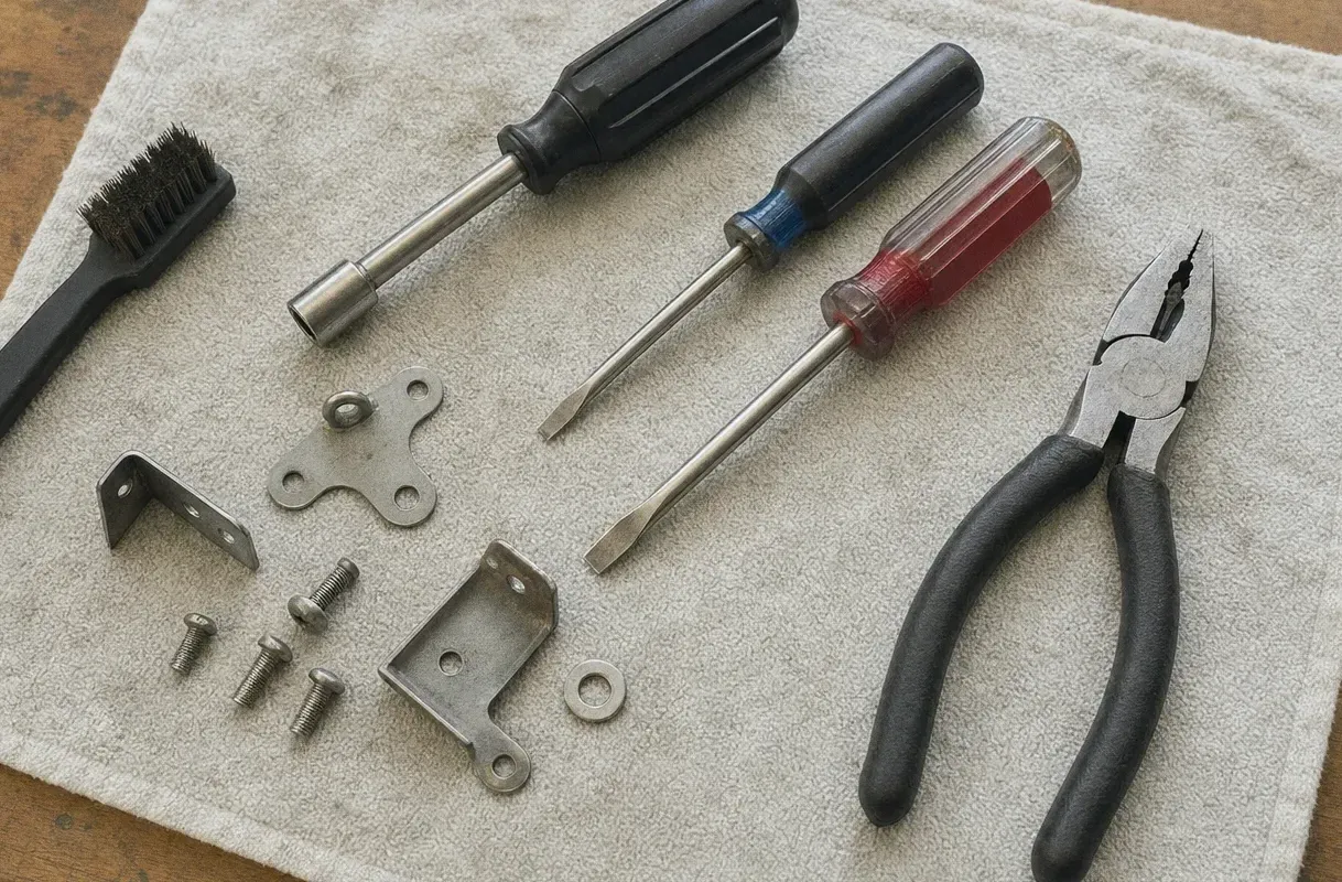 Nut driver, needle-nose pliers, steel brackets and small fixings set out in a row on cloth