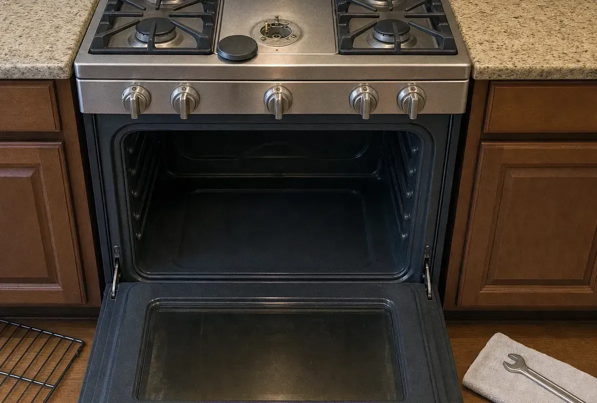 Gas range set into a stone counter run with a burner base exposed and a wrench on a towel below